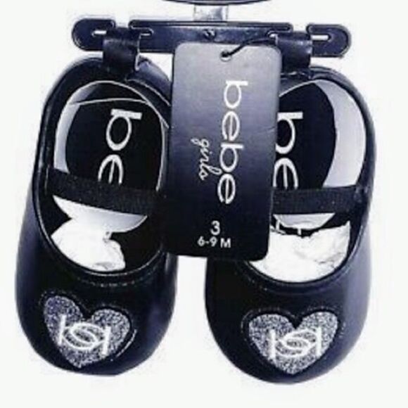 Nwt Bebe Infant Girl Crib Shoe Ballet Flat Black Silver Embroidered Heart Size 3 - Picture 3 of 5